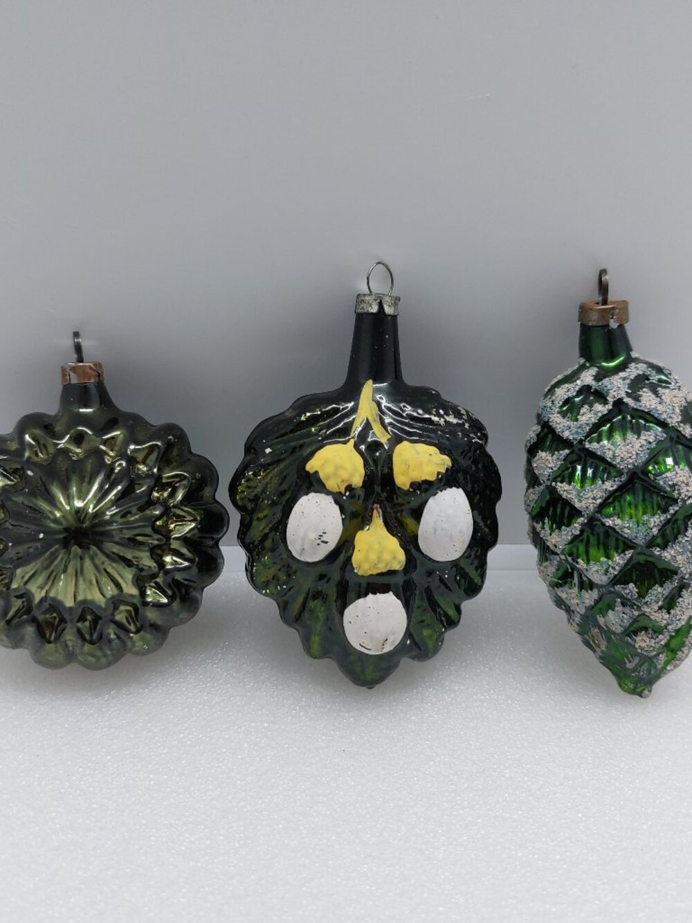 3 Vintage Mercury Glass Christmas Tree Ornament Green Pinecone, Leaf With Acorn